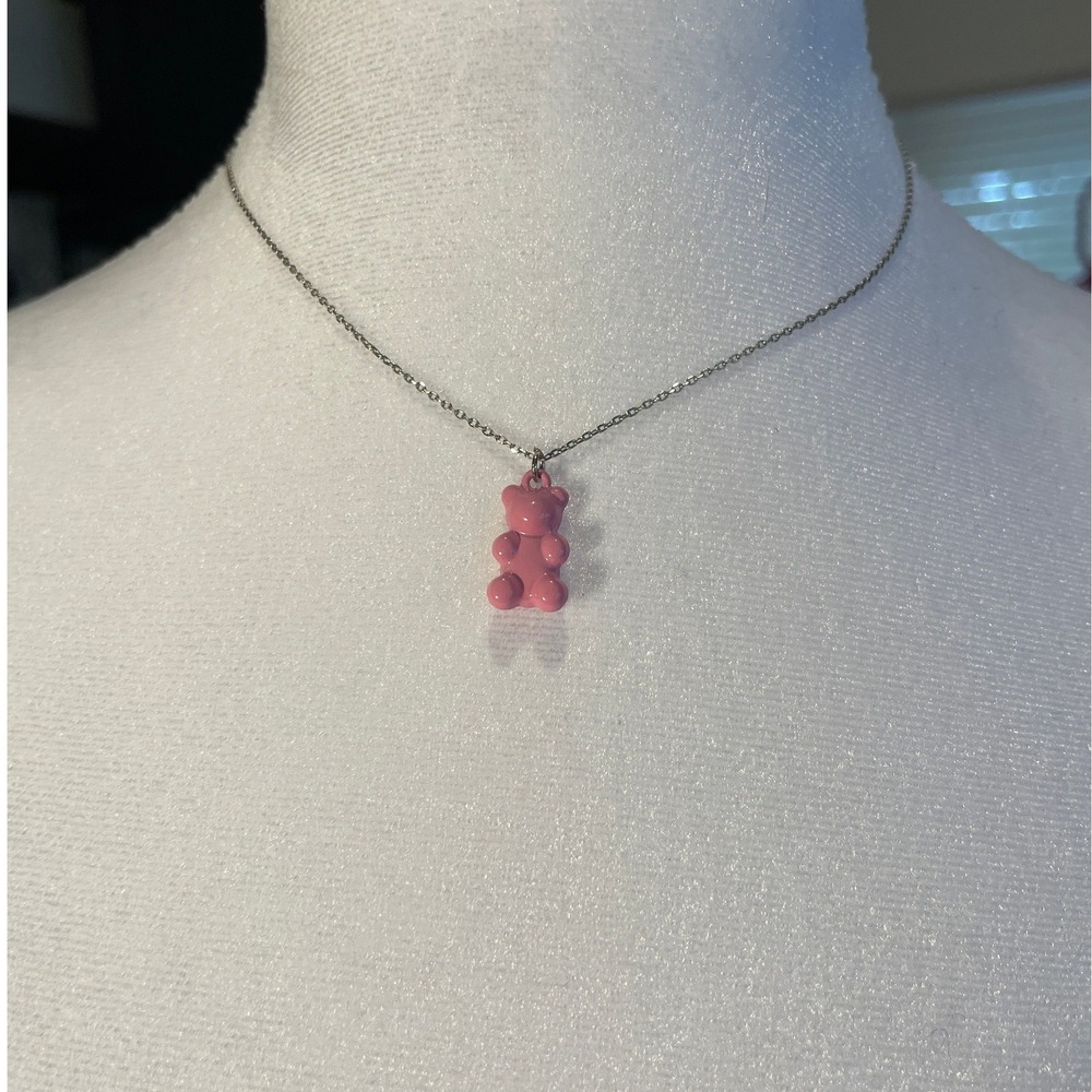 Pull&Bear Pink Gummy Bear Pendant Necklace Silver Tone Chain Y2K Style